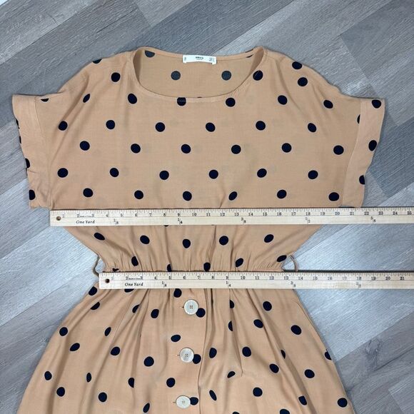 Mango Polka Dot Belted Fit Flare Midi Dress Tan Black Small 4 - Picture 12 of 13